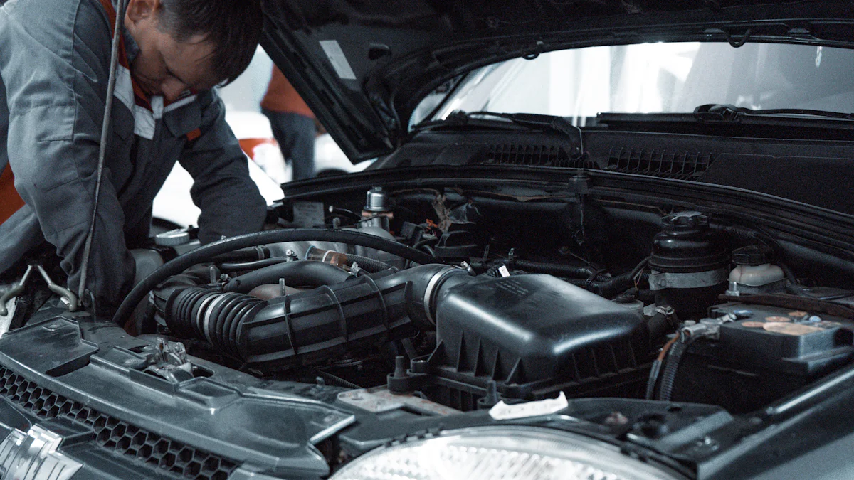 Technician inspecting a car engine during a service